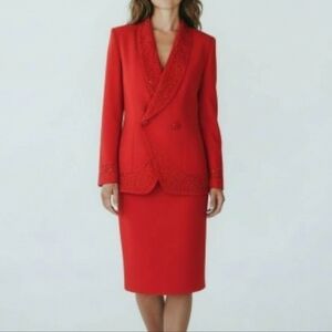 John Meyer Skirt Suit Women Size 8 Double Breasted Beaded Sequins Pockets Red